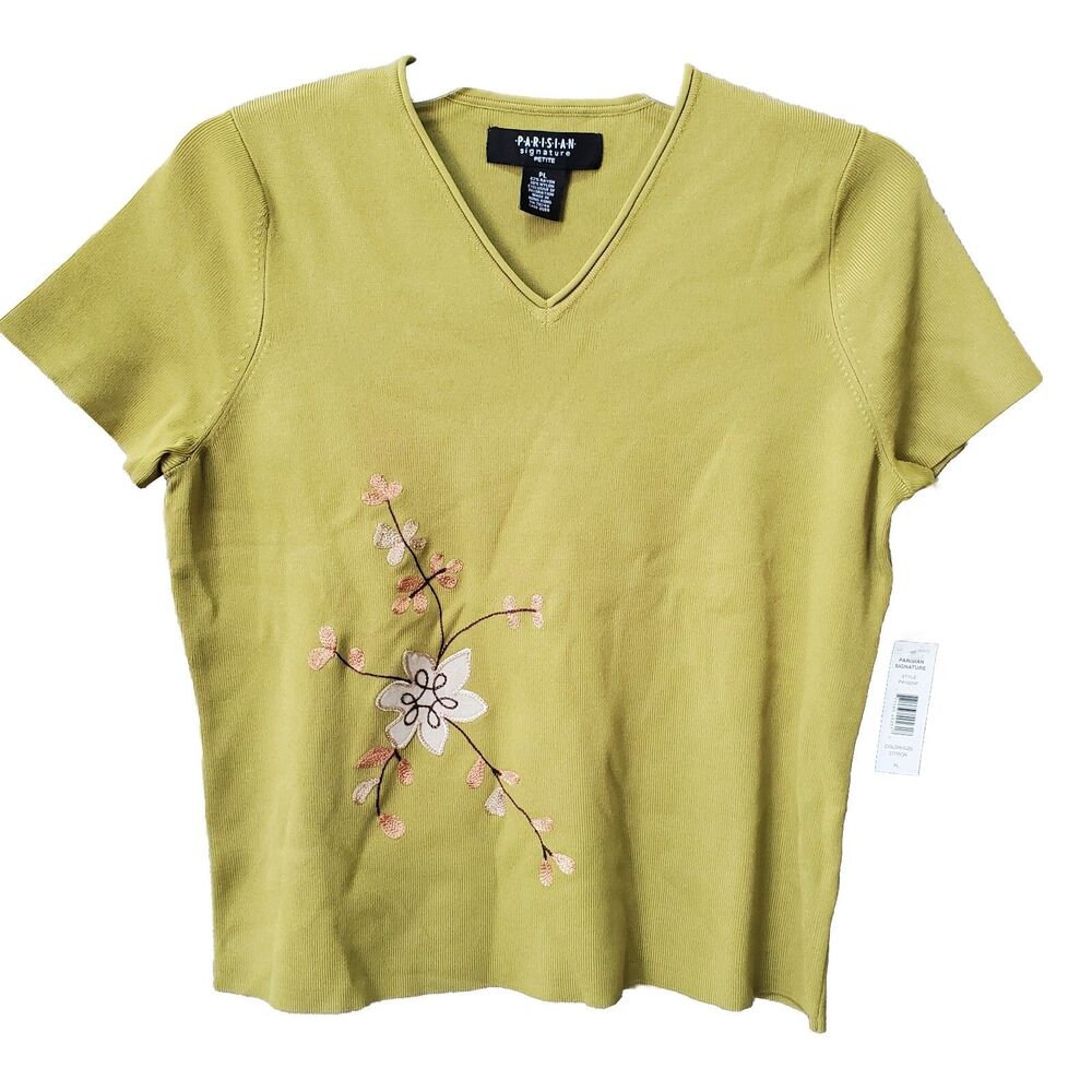 Parisian Signature Petite Ribbed Embroidered Floral Knit Top Size LP NWT